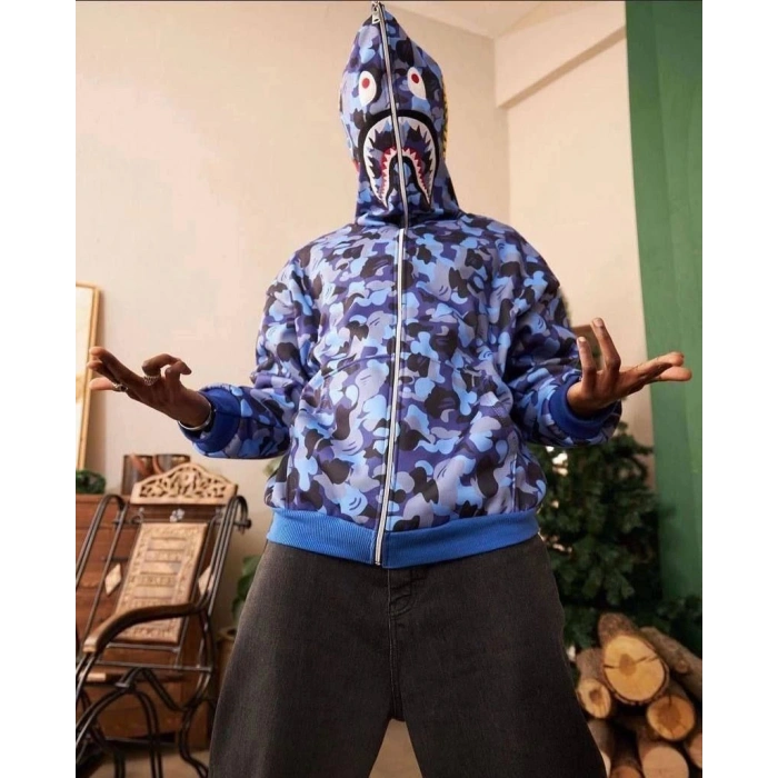 Unisex 2 İplik Bape Kapüşonu Fermuarlı Hırka - Mavi