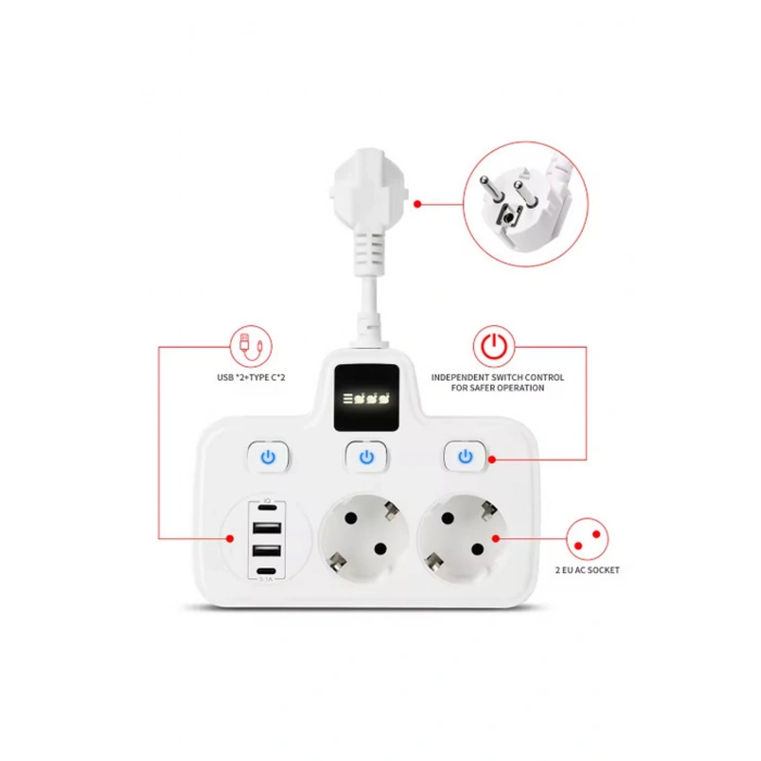 Vtn-503 Akım Korumalı Duvar Tipi Priz 2x Usb 2x Priz Typce 20w