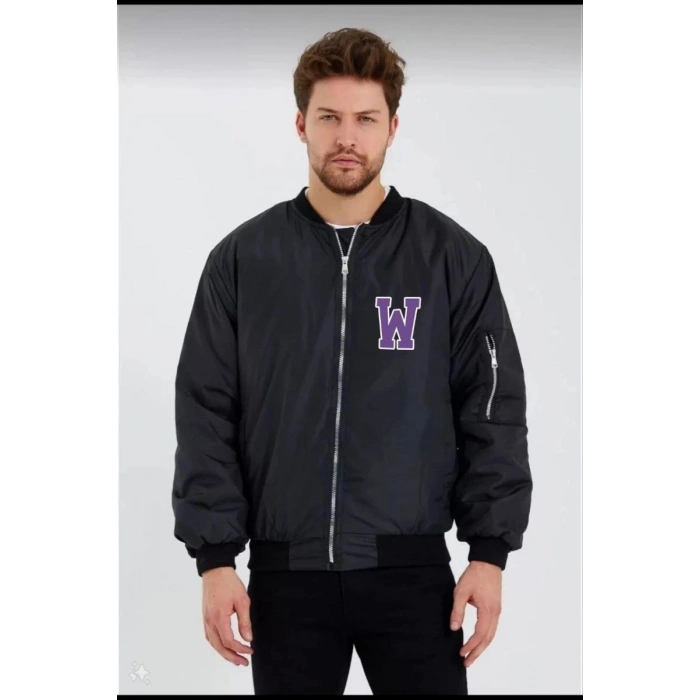 Wild One Baskılı Erkek Bomber Mont – Panter Desenli, Fermuarlı, Kapitone Astarlı Ceket - Siyah