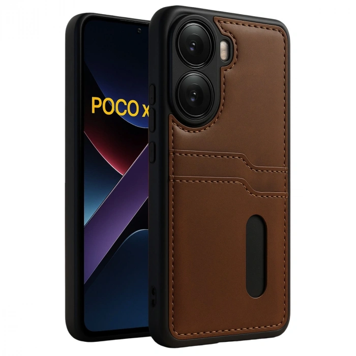 Xiaomi Poco X7 Pro Kılıf Sara Kartvizitli Deri Kılıf - Taba