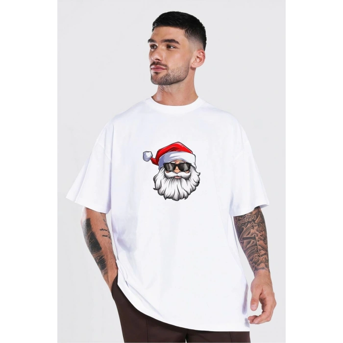 Yılbaşı Gözlüklü Noel Baba Baskılı Kısa Kollu Oversize Bisiklet Yaka T-shirt - Beyaz