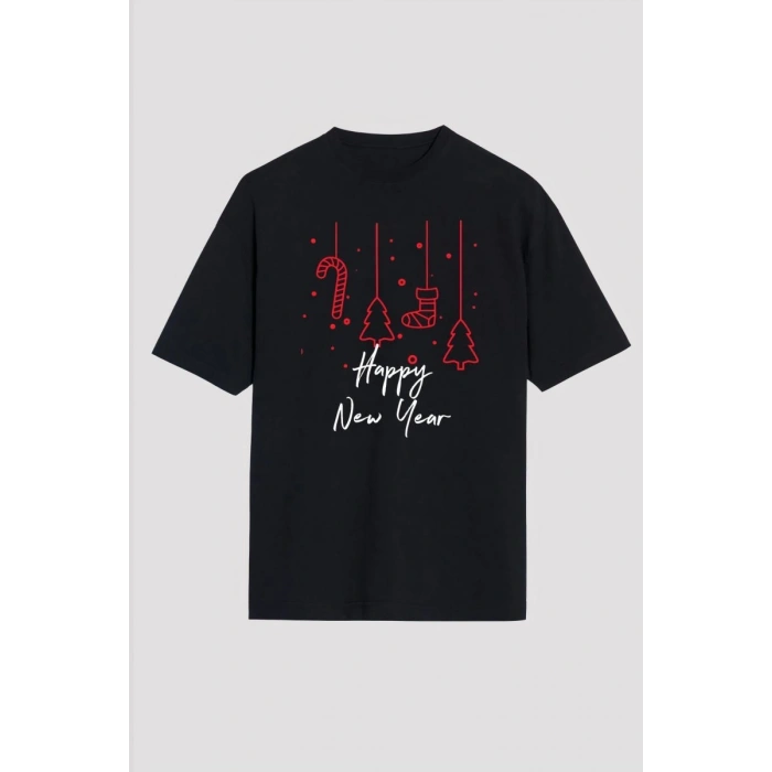 Yılbaşı Happy New Year Baskılı Kısa Kollu Oversize Bisiklet Yaka T-shirt - Siyah