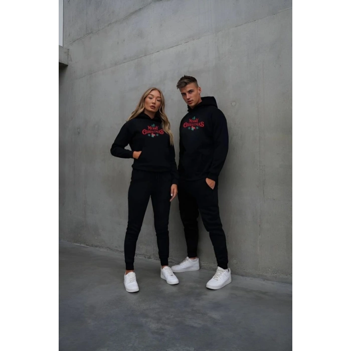 Yılbaşı Merry Christmas Baskılı Oversize Kapüşonlu Sweatshirt Hoodie - Siyah