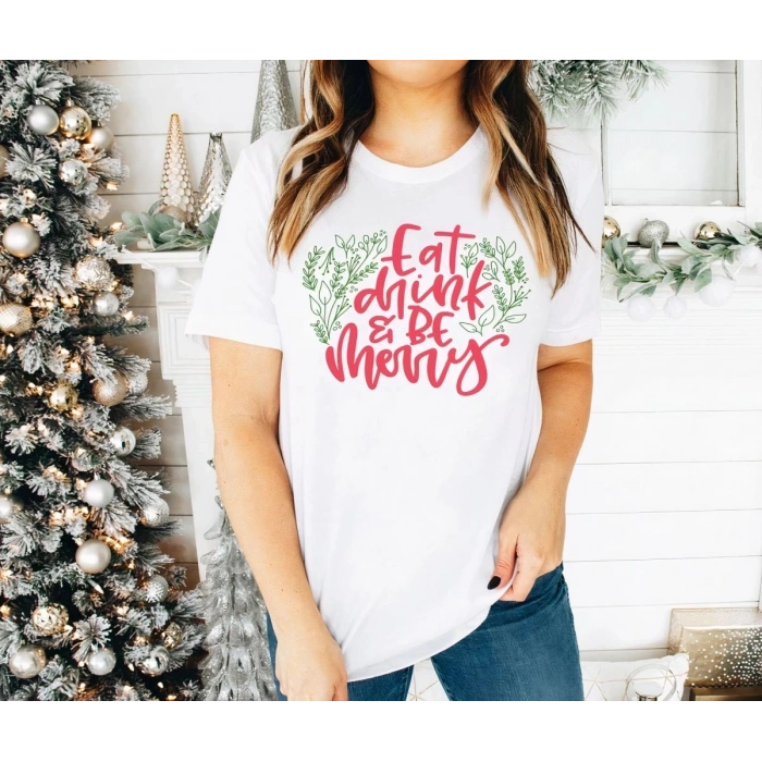 Yılbaşı Noel Baskılı Kısa Kollu Oversize Bisiklet Yaka T-shirt - Beyaz