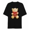 14 Şubat Sevgililer Günü I Love You Ayı Baskılı Oversize Bisiklet Yaka T-shirt - Siyah