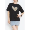 14 Şubat Sevgililer Günü Leopar Kalp Baskılı Oversize Bisiklet Yaka T-shirt - Siyah