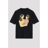 Anneler Günü Hediye Anne Kız Temalı Baskılı Oversize Bisiklet Yaka T-shirt - Siyah