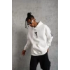 BErkek 3 İplik Pamuklu Kapüşonlu Baskılı Cepli Oversize Sweatshirt Hoodie - eyaz