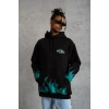 Erkek 3 İplik Pamuklu Alev Baskılı Kapüşonlu hoodie Sweatshirt - Siyah