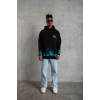 Erkek 3 İplik Pamuklu Alev Baskılı Kapüşonlu hoodie Sweatshirt - Siyah