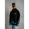 Erkek 3 İplik Pamuklu Alev Baskılı Kapüşonlu hoodie Sweatshirt - Siyah