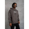Erkek 3 İplik Pamuklu Baskılı Kapüşonlu Cepli Sweatshirt Hoodie - Gri