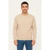 Erkek 3 İplik Pamuklu Düz Bisiklet Yaka SweatShirt - Bej