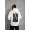 Erkek 3 İplik Pamuklu Kapüşonlu Baskılı Cepli Oversize Sweatshirt Hoodie - Beyaz