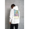Erkek 3 İplik Pamuklu Kapüşonlu Baskılı Cepli Oversize Sweatshirt Hoodie - Beyaz