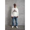 Erkek 3 İplik Pamuklu Kapüşonlu Baskılı Cepli Oversize Sweatshirt Hoodie - Beyaz