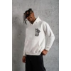 Erkek 3 İplik Pamuklu Kapüşonlu Baskılı Cepli Oversize Sweatshirt Hoodie - Beyaz