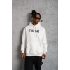 Erkek 3 İplik Pamuklu Kapüşonlu Baskılı Cepli Oversize Sweatshirt Hoodie - Beyaz