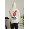 Erkek 3 İplik Pamuklu Kapüşonlu Baskılı Cepli Oversize Sweatshirt Hoodie - Beyaz