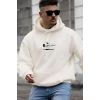 Erkek 3 İplik Pamuklu Kapüşonlu Baskılı Cepli Oversize Sweatshirt Hoodie - Beyaz
