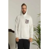 Erkek 3 İplik Pamuklu Kapüşonlu Baskılı Cepli Oversize Sweatshirt Hoodie - Beyaz