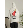 Erkek 3 İplik Pamuklu Kapüşonlu Baskılı Cepli Oversize Sweatshirt Hoodie - Beyaz