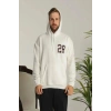Erkek 3 İplik Pamuklu Kapüşonlu Baskılı Cepli Oversize Sweatshirt Hoodie - Beyaz