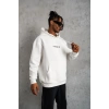 Erkek 3 İplik Pamuklu Kapüşonlu Baskılı Cepli Oversize Sweatshirt Hoodie - Beyaz
