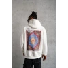 Erkek 3 İplik Pamuklu Kapüşonlu Baskılı Cepli Oversize Sweatshirt Hoodie - Beyaz