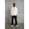 Erkek 3 İplik Pamuklu Kapüşonlu Baskılı Cepli Oversize Sweatshirt Hoodie - Beyaz