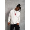 Erkek 3 İplik Pamuklu Kapüşonlu Baskılı Cepli Oversize Sweatshirt Hoodie - Beyaz