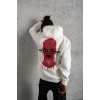 Erkek 3 İplik Pamuklu Kapüşonlu Baskılı Cepli Oversize Sweatshirt Hoodie - Beyaz