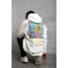 Erkek 3 İplik Pamuklu Kapüşonlu Baskılı Cepli Oversize Sweatshirt Hoodie - Beyaz