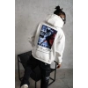 Erkek 3 İplik Pamuklu Kapüşonlu Baskılı Cepli Oversize Sweatshirt Hoodie - Beyaz