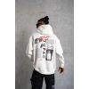 Erkek 3 İplik Pamuklu Kapüşonlu Baskılı Cepli Oversize Sweatshirt Hoodie - Beyaz
