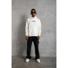 Erkek 3 İplik Pamuklu Kapüşonlu Baskılı Cepli Oversize Sweatshirt Hoodie - Beyaz