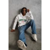 Erkek 3 İplik Pamuklu Kapüşonlu Baskılı Cepli Oversize Sweatshirt Hoodie - Beyaz