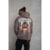 Erkek 3 İplik Pamuklu Kapüşonlu Baskılı Cepli Oversize Sweatshirt Hoodie - Gri