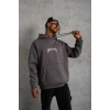 Erkek 3 İplik Pamuklu Kapüşonlu Baskılı Cepli Oversize Sweatshirt Hoodie - Gri