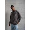 Erkek 3 İplik Pamuklu Kapüşonlu Baskılı Cepli Oversize Sweatshirt Hoodie - Gri