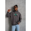 Erkek 3 İplik Pamuklu Kapüşonlu Baskılı Cepli Oversize Sweatshirt Hoodie - Gri