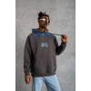 Erkek 3 İplik Pamuklu Kapüşonlu Baskılı Cepli Oversize Sweatshirt Hoodie - Gri