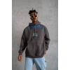 Erkek 3 İplik Pamuklu Kapüşonlu Baskılı Cepli Oversize Sweatshirt Hoodie - Gri