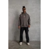 Erkek 3 İplik Pamuklu Kapüşonlu Baskılı Cepli Oversize Sweatshirt Hoodie - Gri
