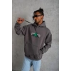 Erkek 3 İplik Pamuklu Kapüşonlu Baskılı Cepli Oversize Sweatshirt Hoodie - Gri