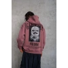Erkek 3 İplik Pamuklu Kapüşonlu Baskılı Cepli Oversize Sweatshirt Hoodie - Gül Kurusu