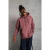 Erkek 3 İplik Pamuklu Kapüşonlu Baskılı Cepli Oversize Sweatshirt Hoodie - Gül Kurusu