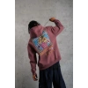 Erkek 3 İplik Pamuklu Kapüşonlu Baskılı Cepli Oversize Sweatshirt Hoodie - Gül Kurusu