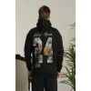 Erkek 3 İplik Pamuklu Kapüşonlu Baskılı Cepli Oversize Sweatshirt Hoodie - Siyah