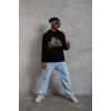 Erkek 3 İplik Pamuklu Kapüşonlu Baskılı Cepli Oversize Sweatshirt Hoodie - Siyah